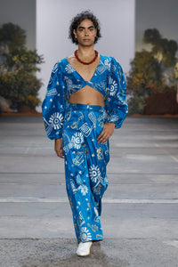 Wrap top and Flared pants set in Bush Trip Silk by Doreen Lane OSSOM x Ikuntji Artists AAFW '23