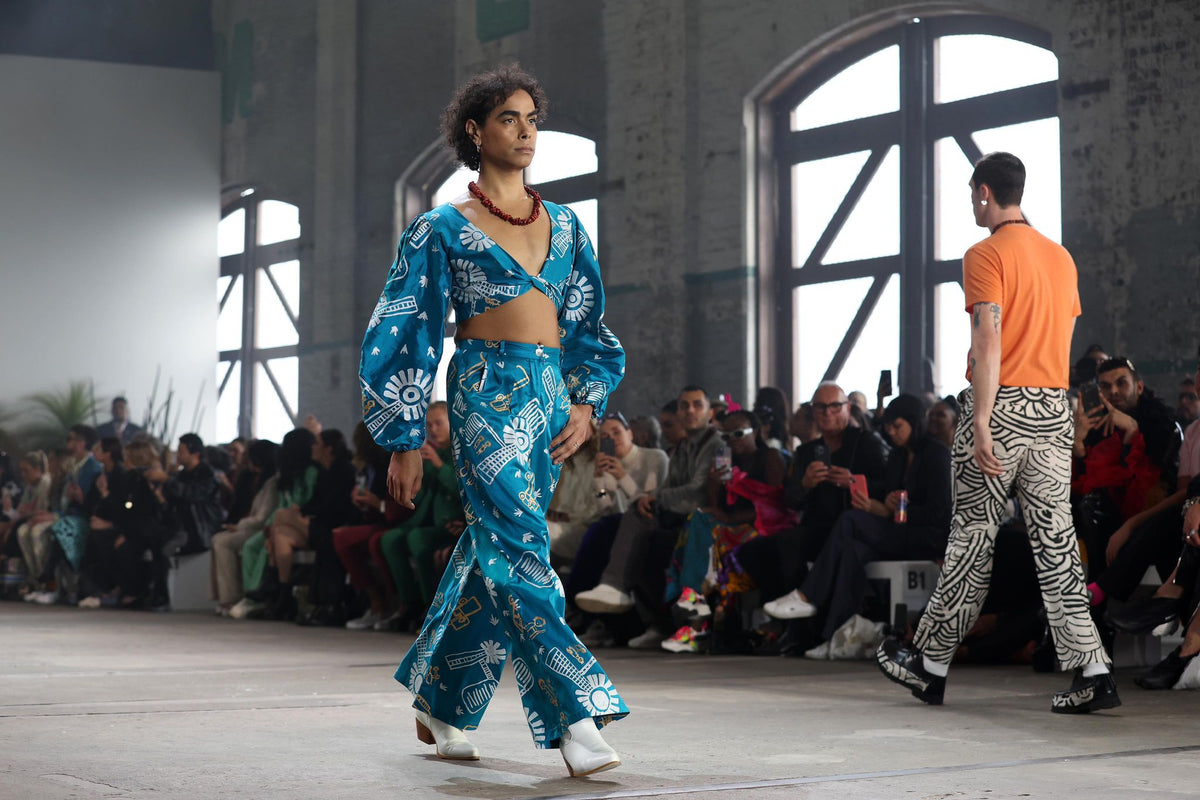 Wrap top and Flared pants set in Bush Trip Silk by Doreen Lane OSSOM x Ikuntji Artists AAFW '23