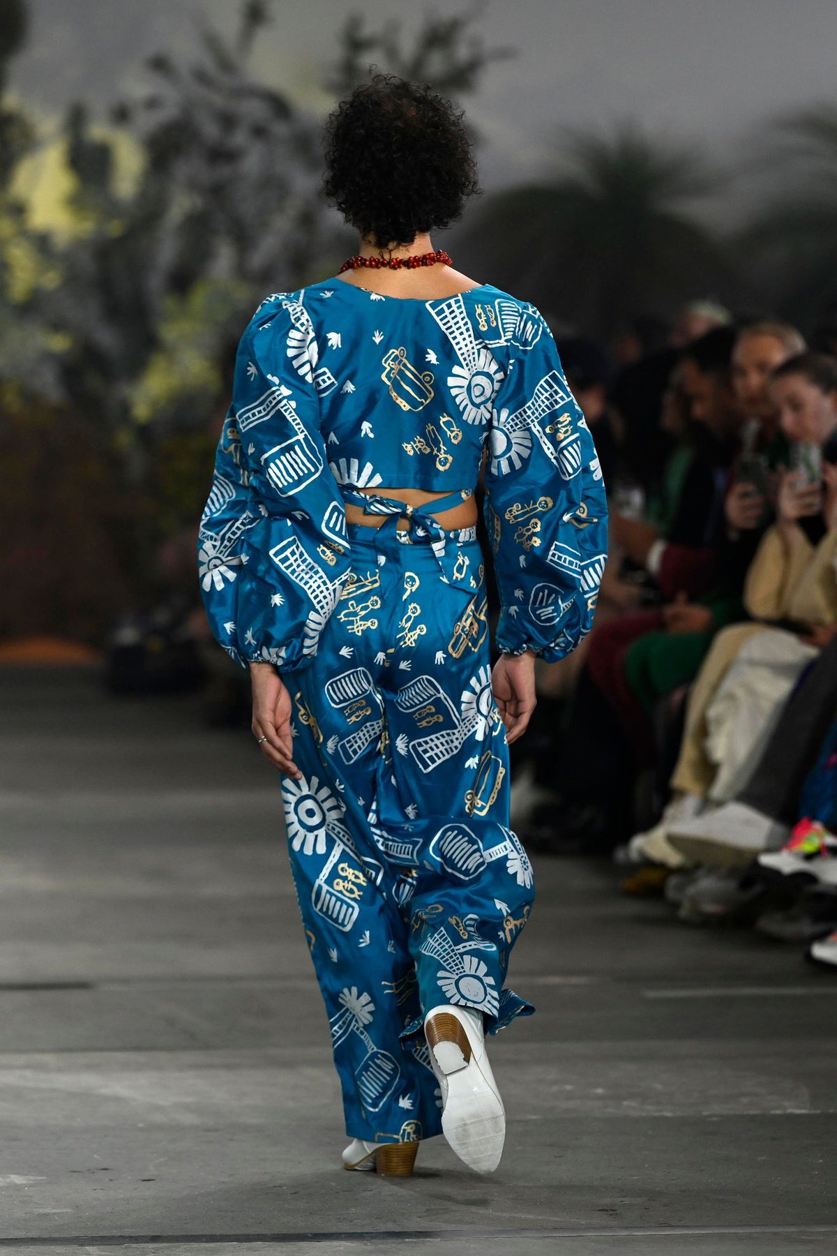 Wrap top and Flared pants set in Bush Trip Silk by Doreen Lane OSSOM x Ikuntji Artists AAFW '23