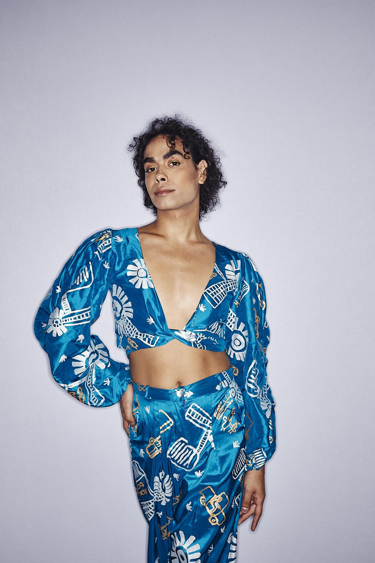 Wrap top and Flared pants set in Bush Trip Silk by Doreen Lane OSSOM x Ikuntji Artists AAFW '23