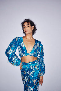 Wrap top and Flared pants set in Bush Trip Silk by Doreen Lane OSSOM x Ikuntji Artists AAFW '23
