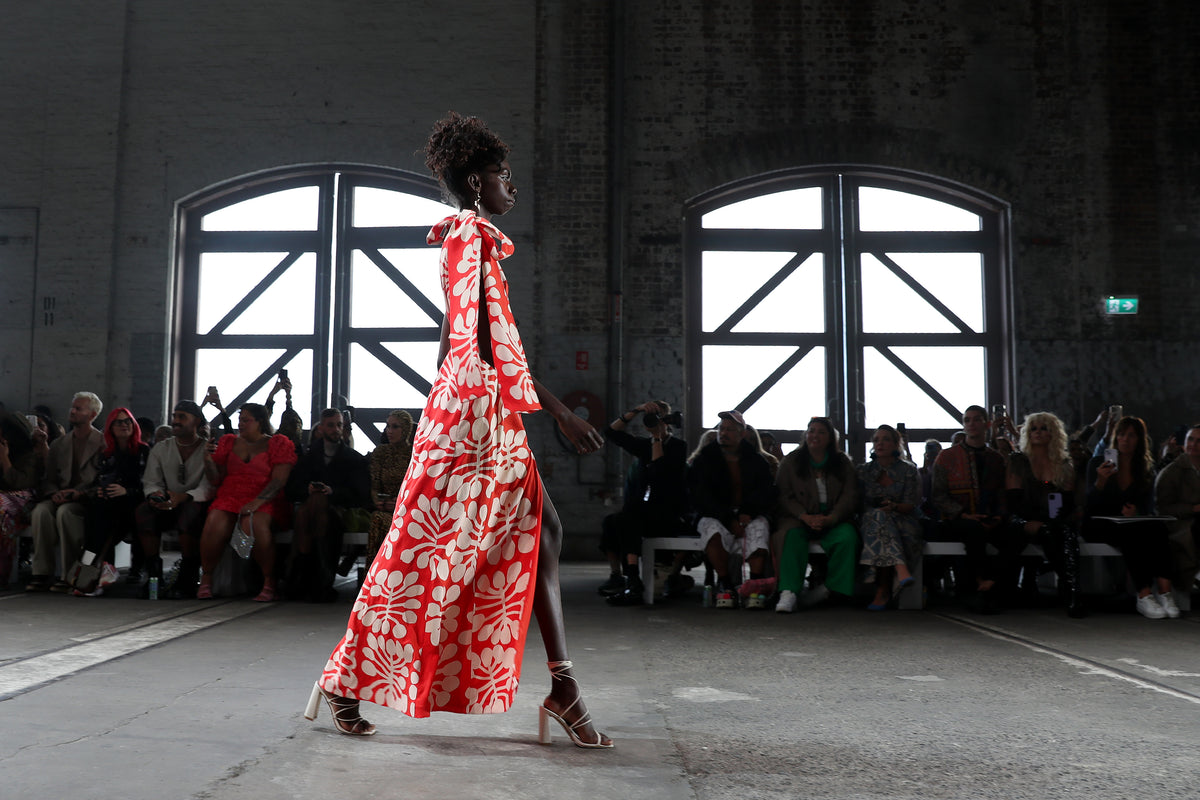 One-shoulder red maxi dress  in Mitjili Napurrula’s Watiya Tjuta fabric OSSOM x Ikuntji Artists AAFW '23