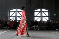 One-shoulder red maxi dress  in Mitjili Napurrula’s Watiya Tjuta fabric OSSOM x Ikuntji Artists AAFW '23