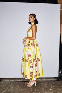 Lemon halter neck dress with a bubble skirt ‘Wirliyajarrayi Story' by Roseanna Larry OSSOM x Ikuntji Artists AAFW '23