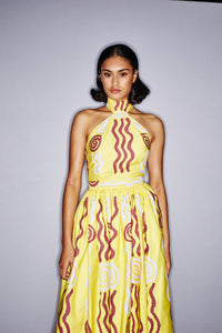 Lemon halter neck dress with a bubble skirt ‘Wirliyajarrayi Story' by Roseanna Larry OSSOM x Ikuntji Artists AAFW '23