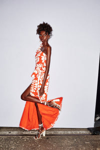 One-shoulder red maxi dress  in Mitjili Napurrula’s Watiya Tjuta fabric OSSOM x Ikuntji Artists AAFW '23