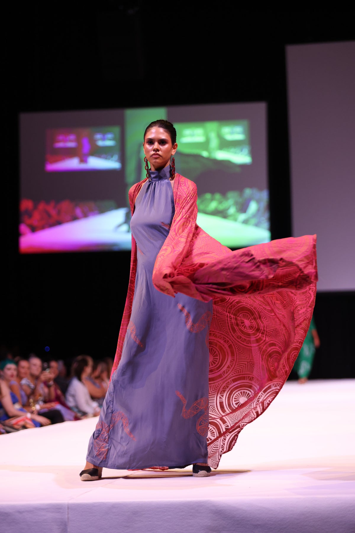 FLOW! by Tiwi Design x Ossom  Ampitji Rainbow Serpent Halter Neck Dress in Silk