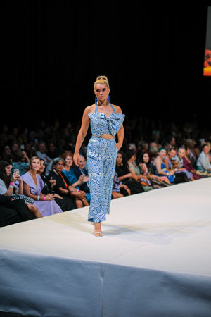 FLOW! by Tiwi Design x Ossom  Moon and Star Tailored  Pants  in Aqua Silk