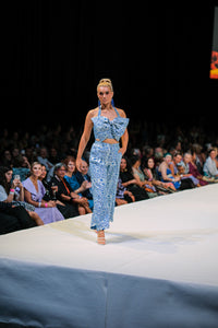 FLOW! by Tiwi Design x Ossom  Moon and Star Tailored  Pants  in Aqua Silk
