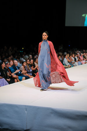 FLOW! by Tiwi Design x Ossom  Ampitji Rainbow Serpent Halter Neck Dress in Silk