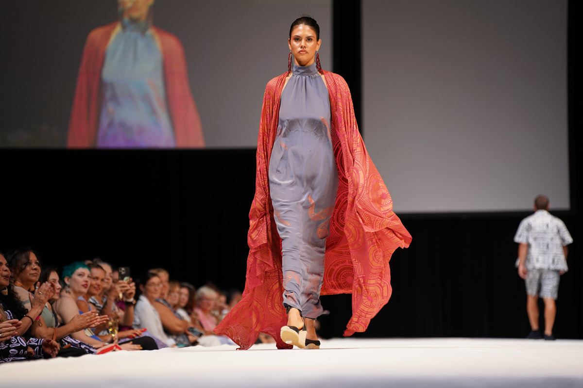 FLOW! by Tiwi Design x Ossom  Ampitji Rainbow Serpent Halter Neck Dress in Silk