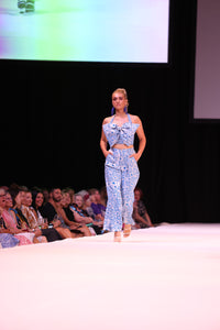 FLOW! by Tiwi Design x Ossom  Moon and Star Tailored  Pants  in Aqua Silk