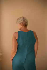 Sleeveless Top with Buttons in Ocean Blue Linen