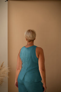 Sleeveless Top with Buttons in Ocean Blue Linen