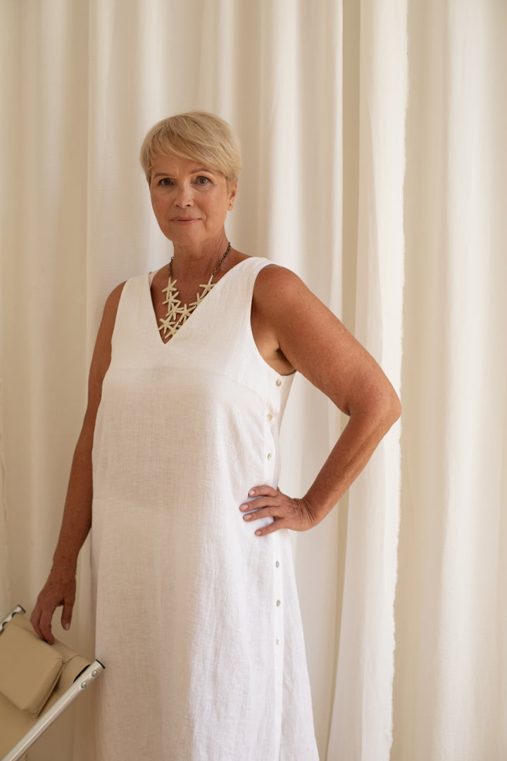 V-Neck Shift Dress With Side Buttons in White Linen – OSSOM AUSTRALIA