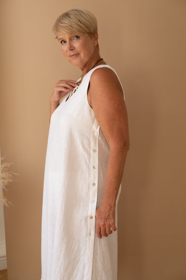 V-Neck Shift Dress With Side Buttons in White  Linen