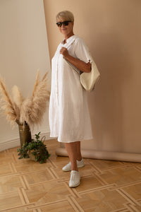 A-line Short Sleeve Shirt Dress in White Linen