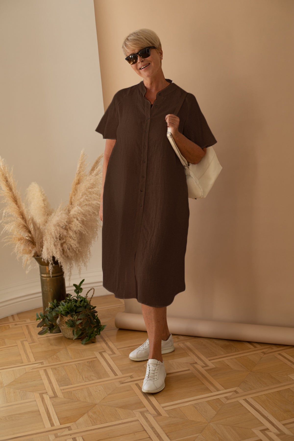 A-line Short Sleeve Shirt Dress in Chocolate Linen