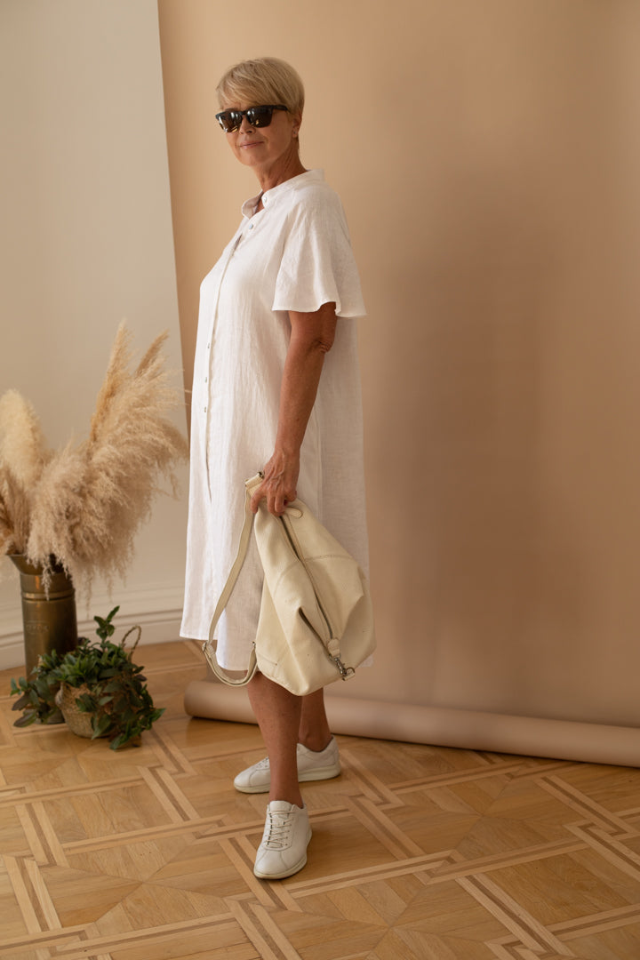 A-line Short Sleeve Shirt Dress in White Linen
