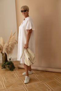 A-line Short Sleeve Shirt Dress in White Linen