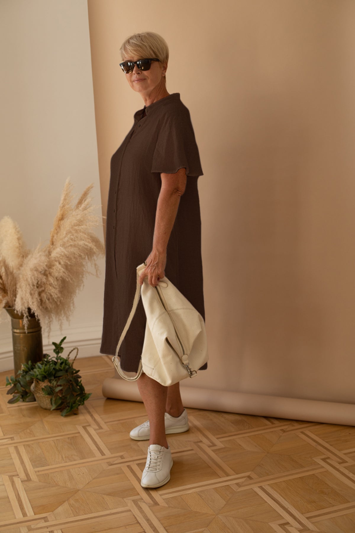 A-line Short Sleeve Shirt Dress in Chocolate Linen