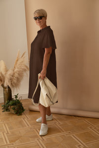 A-line Short Sleeve Shirt Dress in Chocolate Linen