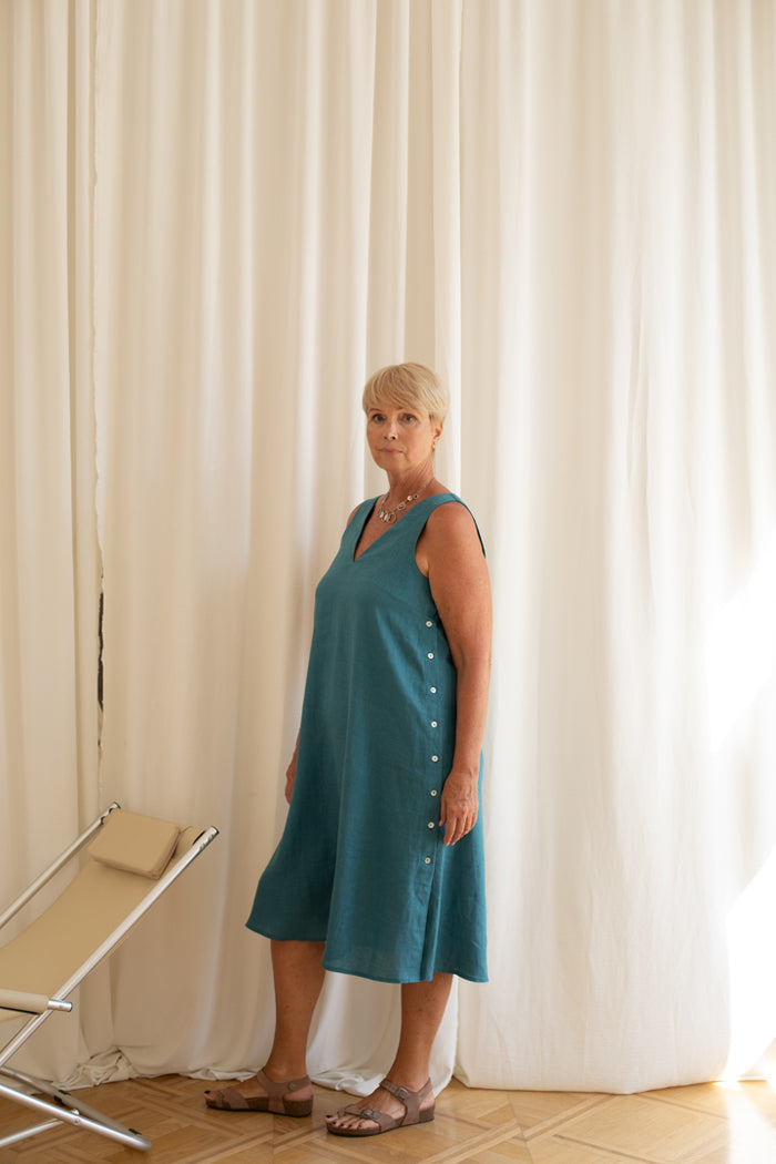 V-Neck Shift Dress With Side Buttons in Ocean Blue  Linen