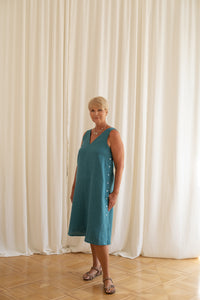 V-Neck Shift Dress With Side Buttons in Ocean Blue  Linen