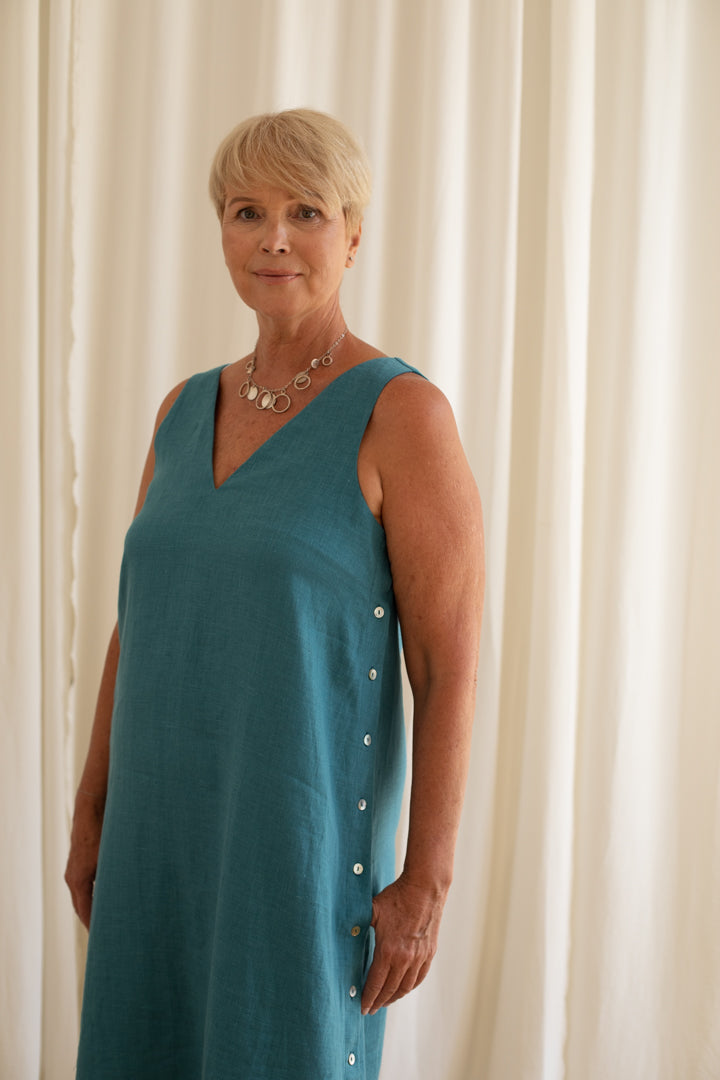 V-Neck Shift Dress With Side Buttons in Ocean Blue  Linen