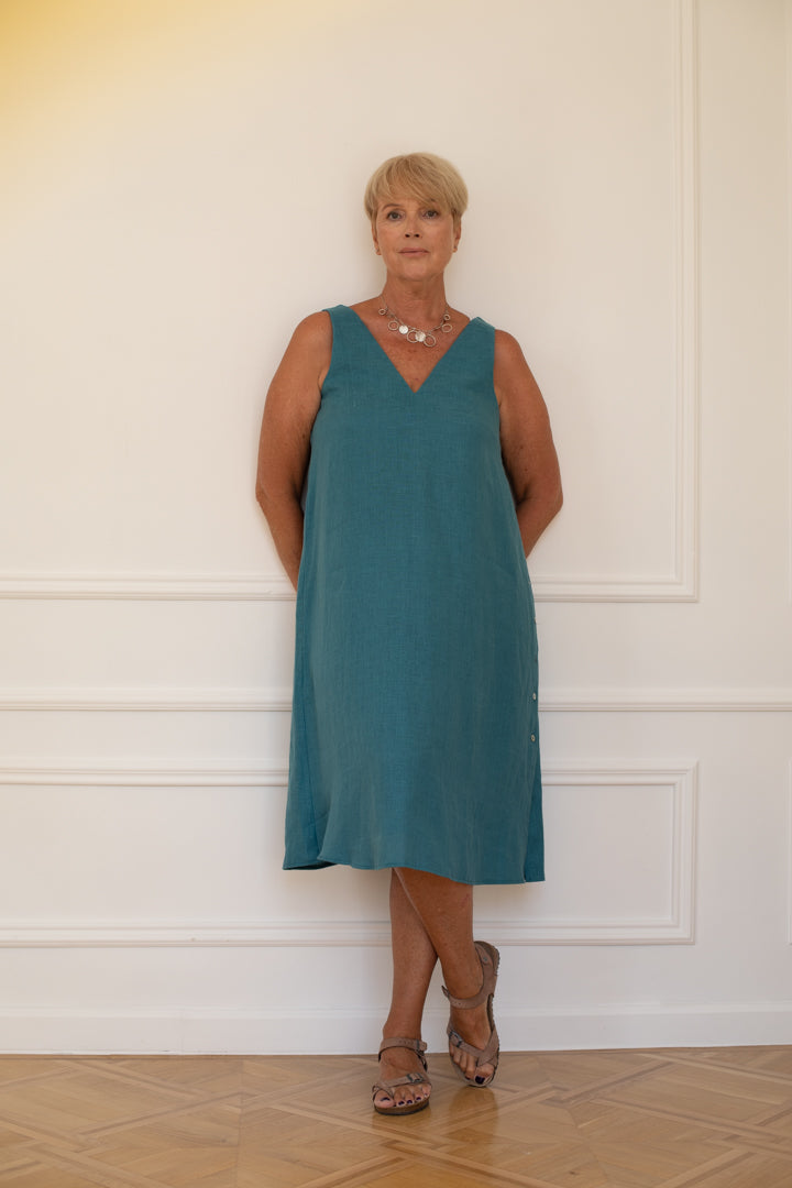 V-Neck Shift Dress With Side Buttons in Ocean Blue  Linen