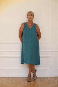 V-Neck Shift Dress With Side Buttons in Ocean Blue  Linen