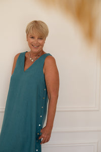 V-Neck Shift Dress With Side Buttons in Ocean Blue  Linen