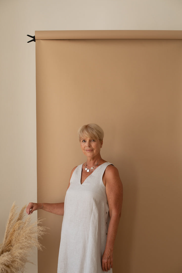 V-Neck Shift Dress With Side Buttons in Silver Grey Linen