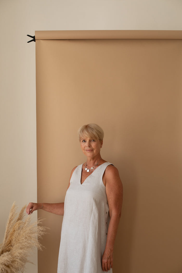 V-Neck Shift Dress With Side Buttons in Silver Grey Linen