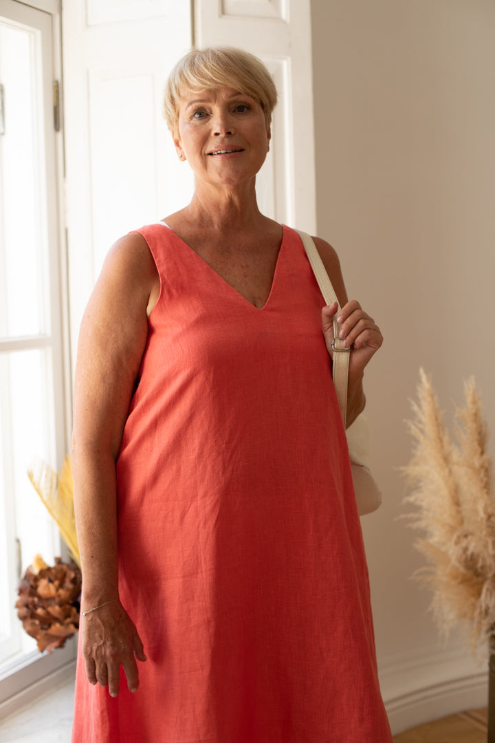 V-Neck Shift Dress With Side Buttons in Corral Linen