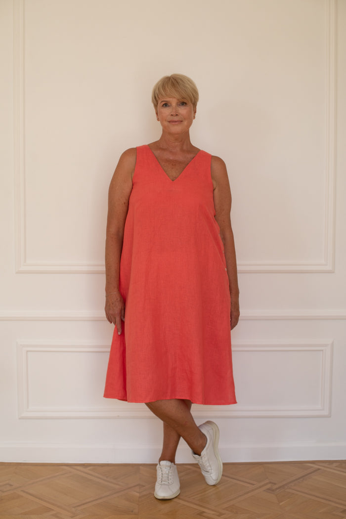 V-Neck Shift Dress With Side Buttons in Corral Linen