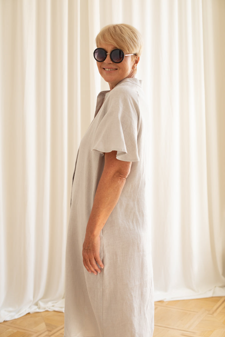 A-line Short Sleeve Shirt Dress in Silver Grey Linen