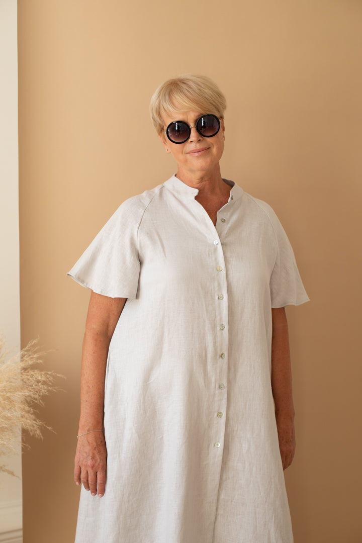 A-line Short Sleeve Shirt Dress in Silver Grey Linen A-line Short Sleeve Shirt Dress in Silver Grey Linen