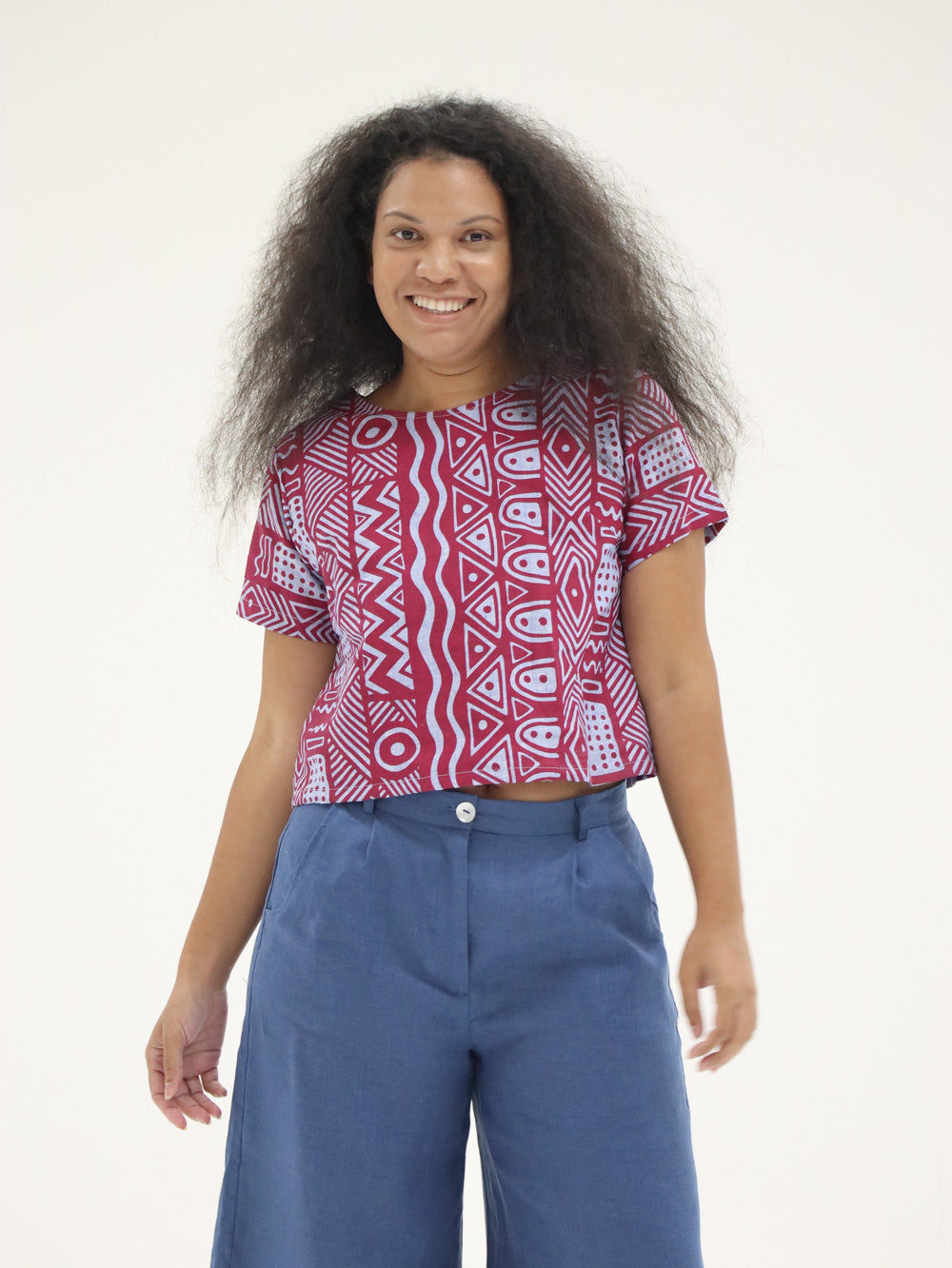 Elemental by Tiwi Design x Ossom "Pandanus" Box Top  in Handprinted Magenta on Blue Linen