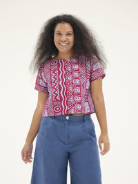 Elemental by Tiwi Design x Ossom "Pandanus" Box Top  in Handprinted Magenta on Blue Linen
