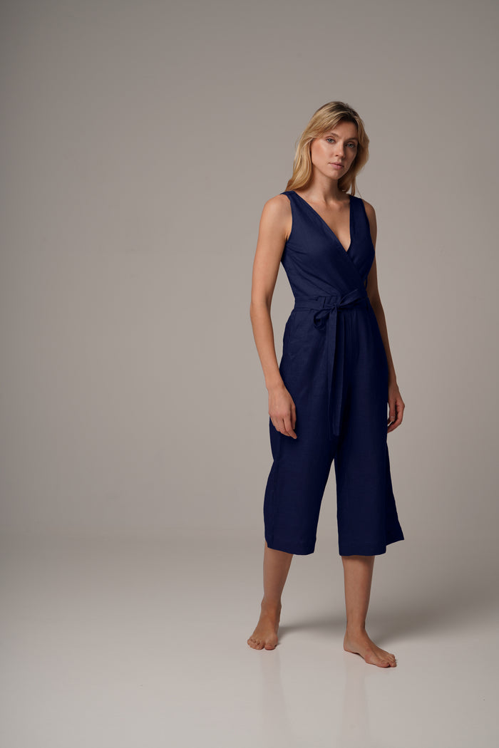 Navy  Wrap Front Jumpsuit with Culotte Leg in Premium European Linen