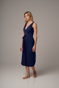 Navy  Wrap Front Jumpsuit with Culotte Leg in Premium European Linen