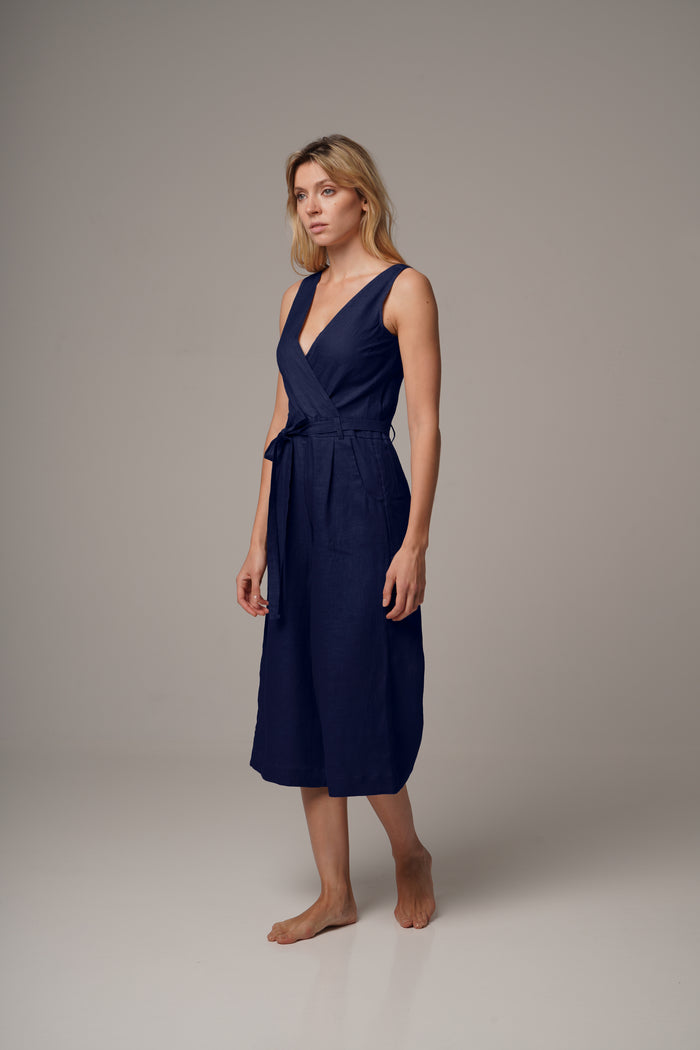 Navy  Wrap Front Jumpsuit with Culotte Leg in Premium European Linen