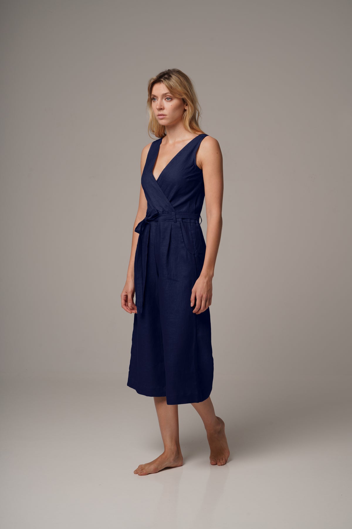 Navy  Wrap Front Jumpsuit with Culotte Leg in Premium European Linen