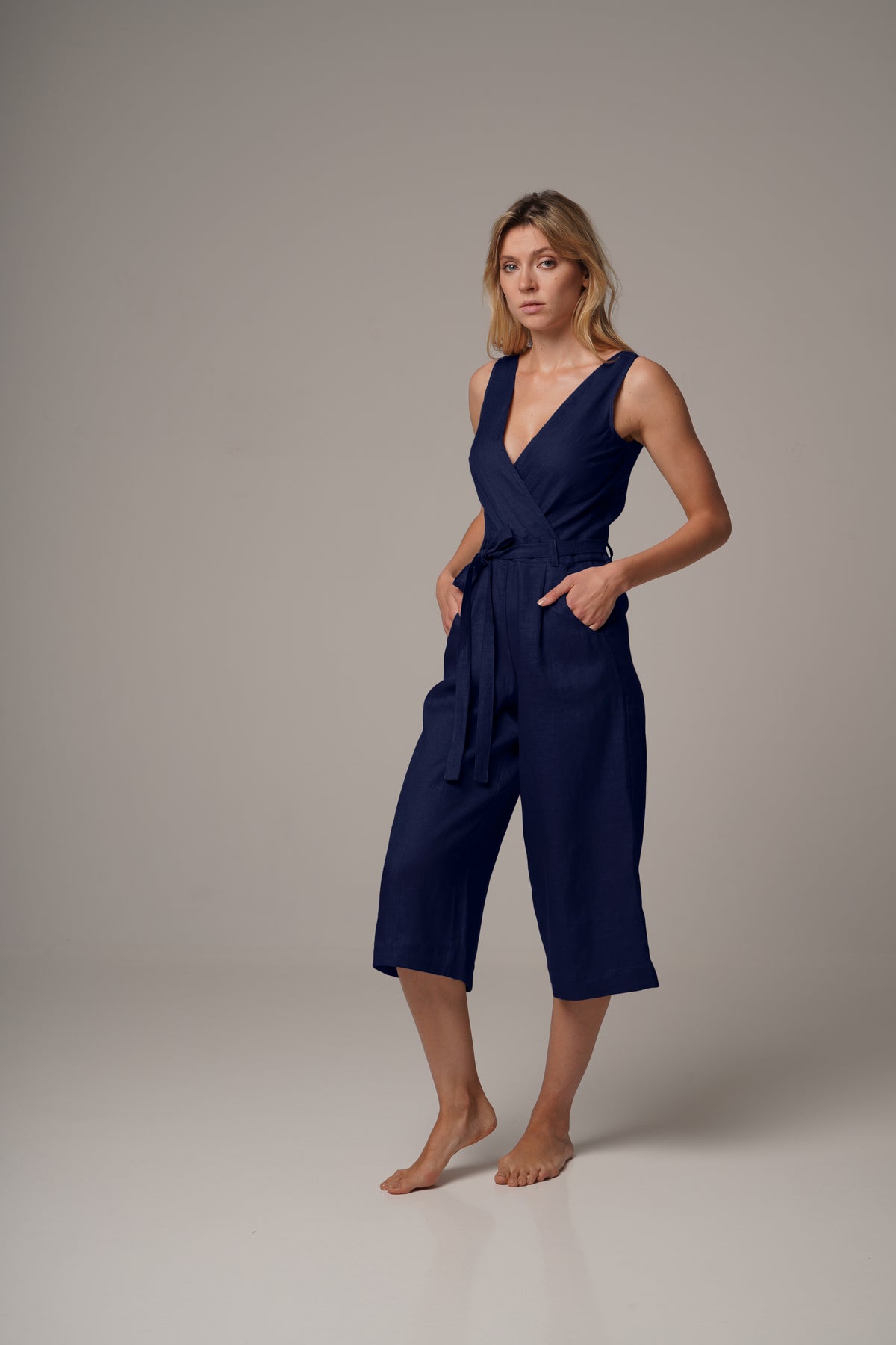 Navy  Wrap Front Jumpsuit with Culotte Leg in Premium European Linen