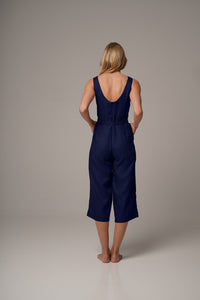 Navy  Wrap Front Jumpsuit with Culotte Leg in Premium European Linen
