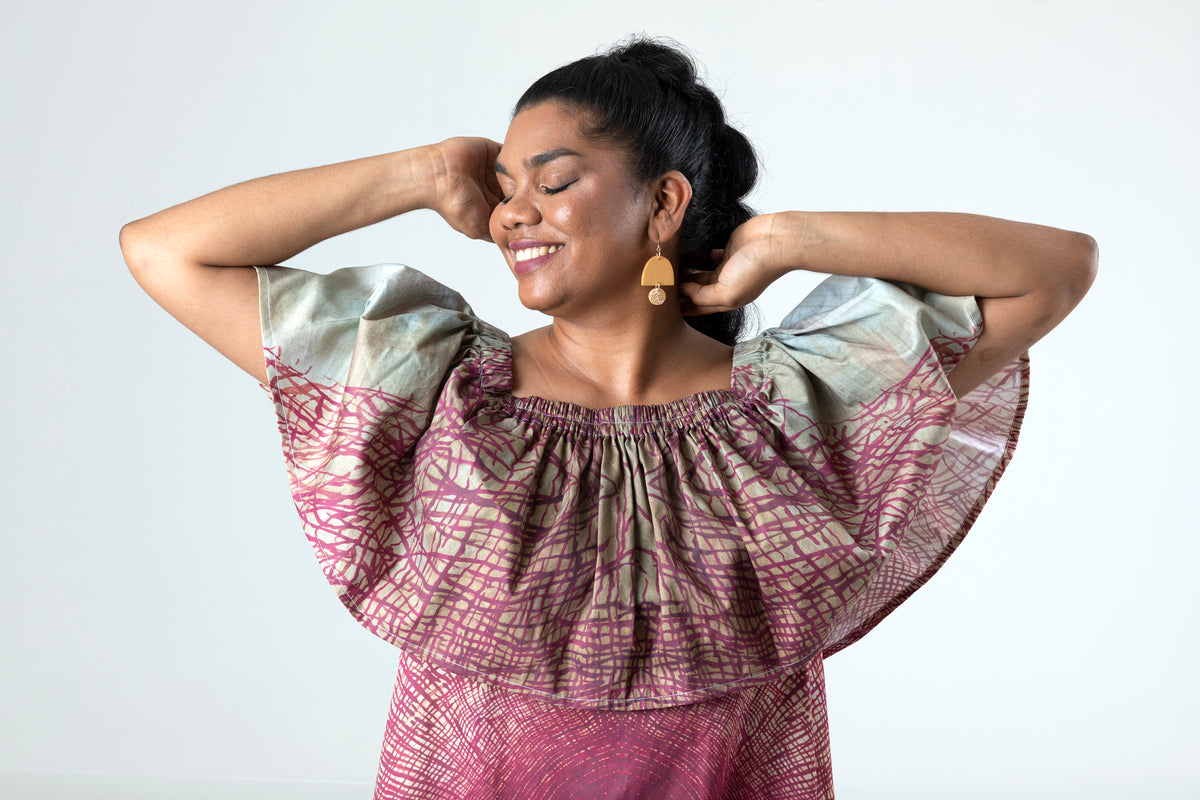 Veins Boho Frill Midi Dress in Organic Cotton