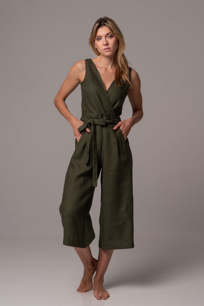 Ripe Olive Wrap Front Jumpsuit with Culotte Leg in Premium European Linen