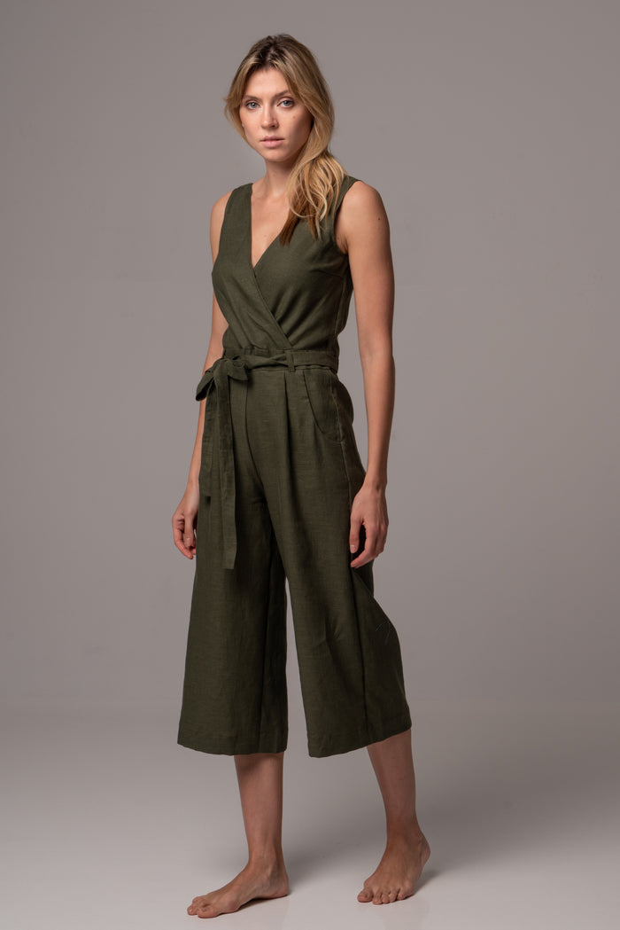 Ripe Olive Wrap Front Jumpsuit with Culotte Leg in Premium European Linen