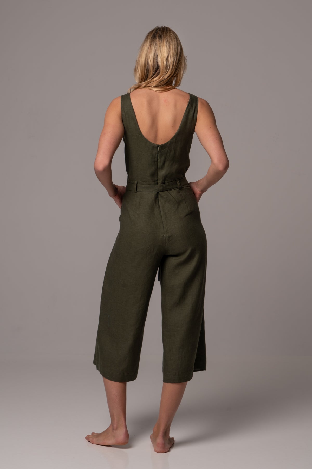 Ripe Olive Wrap Front Jumpsuit with Culotte Leg in Premium European Linen